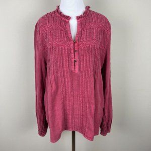 Eze‎ Sur Mer Top Medium Peasant V-Neck Boho Pintuck Long Sleeve Ruffle Womens